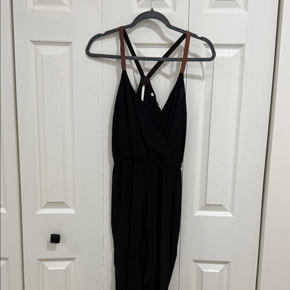 Twelfth Street by Cynthia Vincent Black Jumpsuit with Brown Straps